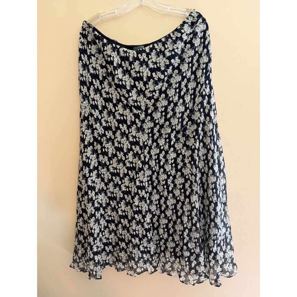 Lauren Ralph Lauren Womens 1X Navy Blue Floral 100% Silk Midi Skirt Ruffle Boho